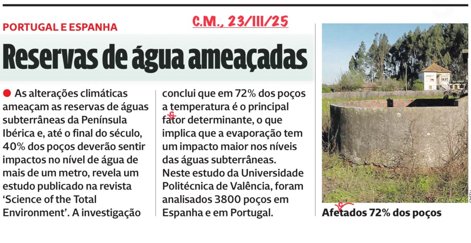«Portugal e Espanha; reservas de água ameaçadas», Correio da Manhã, 23/III/25, p,. 20