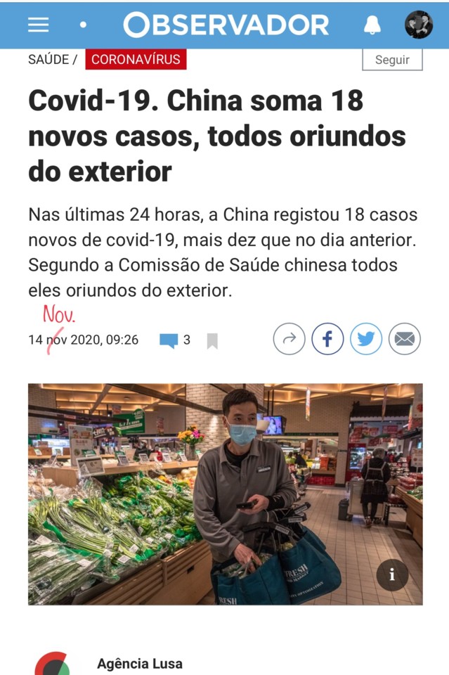 A China soma 18 casos, in Observidor [isto mesmo], 14/XI/20